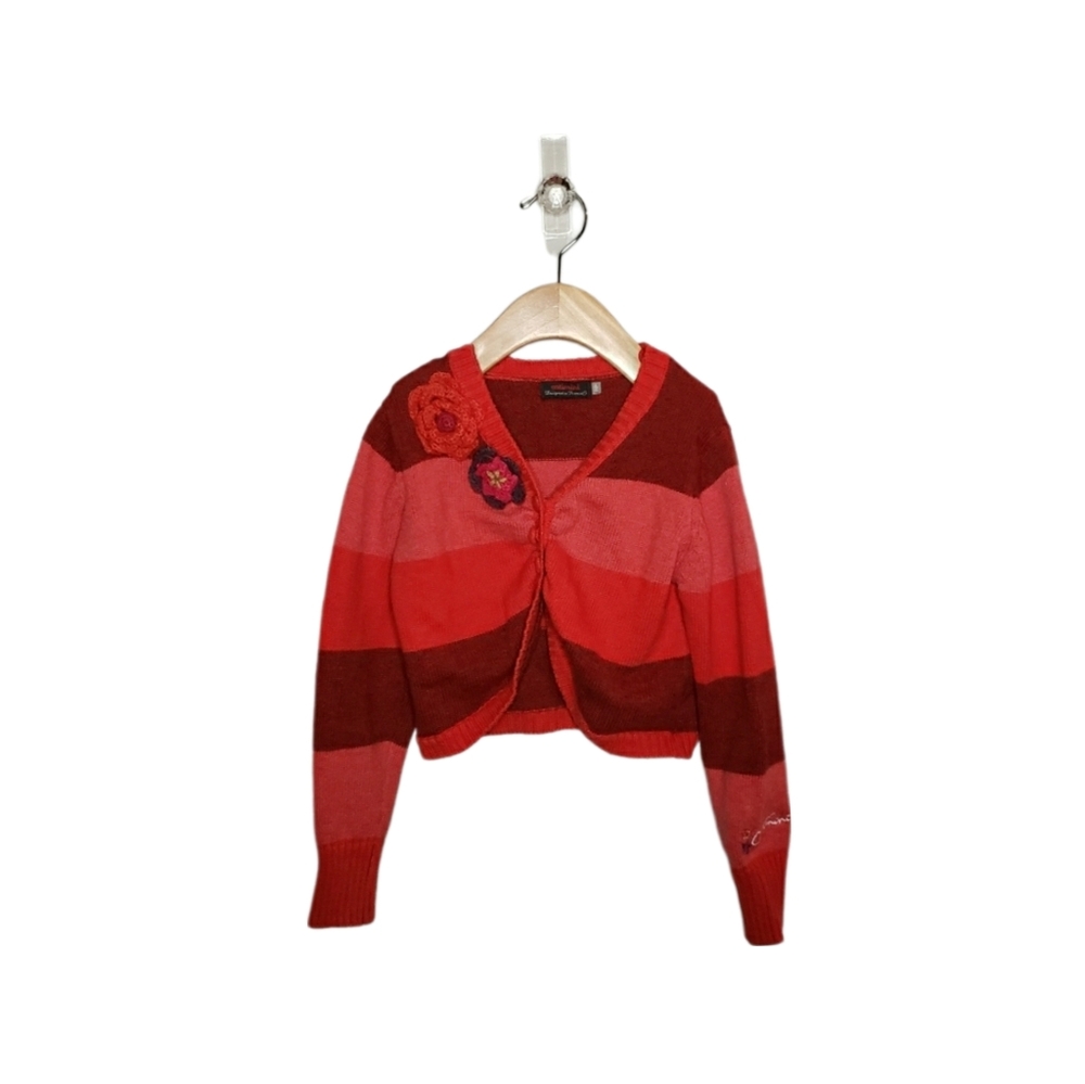 Catimini Size 6 Red and Burgundy Striped Floral Wool Blend Sweater Cardigan